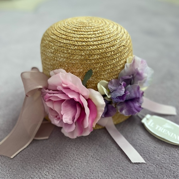 Girls Straw Hat with Flowers and ribbons. Size 52. NEW - Picture 5 of 11